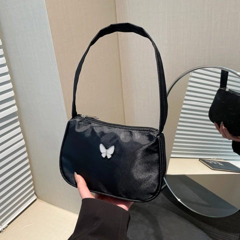 Women Minimalist Nylon Underarm Bag Butterfly Metal Decor Solid Color Y2K Style Shoulder Bag Small Hobo Purse For Daily Travel
