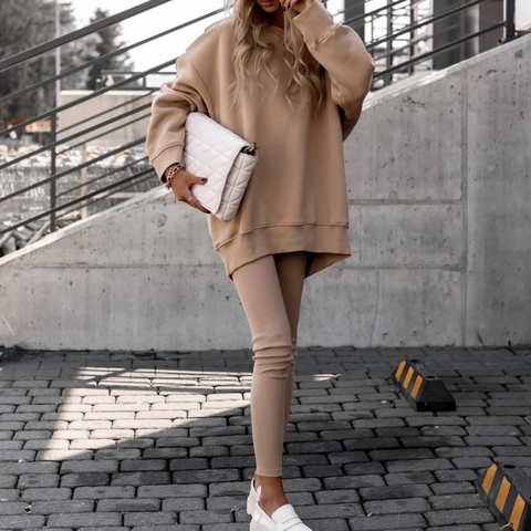 Damen Casual Oversize Sweatshirt Und Slim Leggings Zweiteiler Set Einfarbig Langarm Rundhalsausschnitt Lounge Wear Set