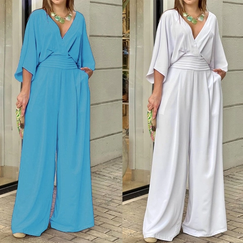 Elegante Tuta Intera da Donna Scollo a V Maniche a Pipistrello Tinta Unita Vita Alta Gamba Larga Poliestere Romper Casual Commuter