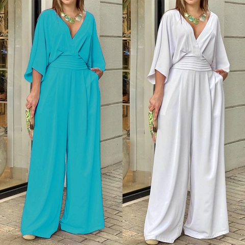 Damen Elegant V-Ausschnitt Jumpsuit Polyester Hohe Taille Weites Bein Lange Hose Einfarbig Kurzarm Romper Alltagsoutfits
