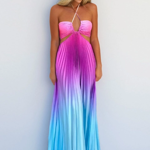 Women Gradient Pleated Halter Maxi Dress Sexy Cutout Sleeveless High Waist Elegant Vacation Long A-Line Summer Dress
