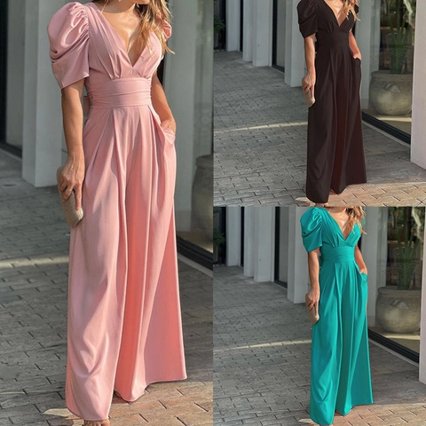 Elegant Women Deep V-Neck Puff Sleeve Jumpsuit High Waist Wide Leg Solid Color Polyester Romper For Party Clubwear