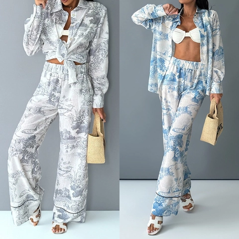 Dames Vintage Toile De Jouy Print Revers Lange Mouw Knoop Shirt En Hoge Taille Wijde Pijpen Broek Casual Outfits
