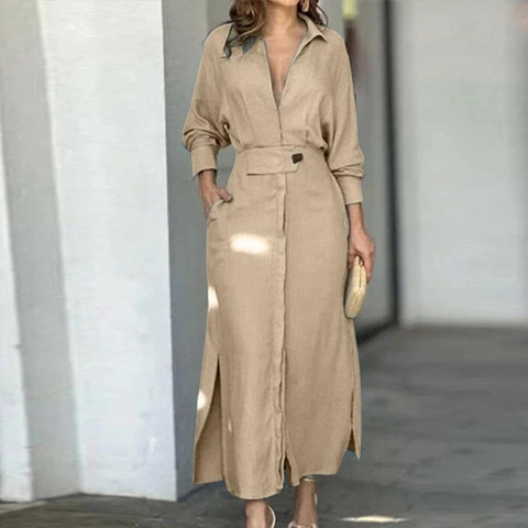 Women Elegant V-Neck Shirt Dress Long Sleeve Solid Color High Waist Belt Side Slit Maxi Dress Commuting Fashion Long Skirt