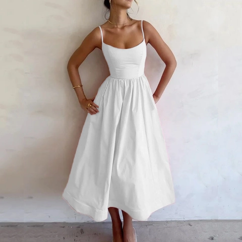 Elegante Dames Effen Kleur Hoge Taille Spaghettibandjes Maxijurk Franse Retro Grote Zoom Lange Jurk Zomervakantie