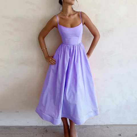 Elegante Dames Effen Kleur Hoge Taille Spaghettibandjes Maxijurk Franse Retro Grote Zoom Lange Jurk Zomervakantie