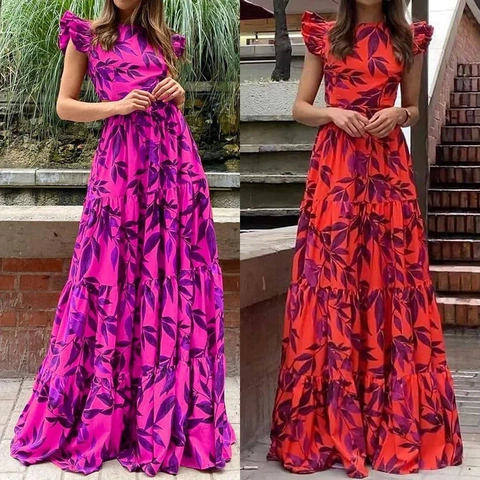 Damen Blumenmuster Gestufter Maxi Kleid V-Ausschnitt Flügelärmel Gelaagter Rüschensaum Boho Urlaub Pendler Party Langes Kleid