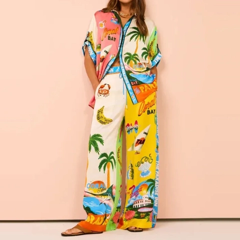 Atuendo de Verano con Estampado Tropical para Mujer Camisa de Manga Corta y Pantalones de Pierna Ancha de Cintura Alta