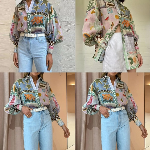 Γυναικεία Vintage Μπλούζα με Μανίκια Φανάρι Casual Πουκάμισο με Κουμπιά Μποέμ Φλοράλ Ζωγραφισμένα Tops
