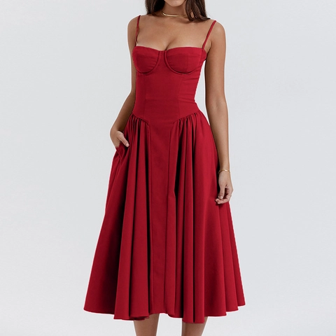 Elegant Französisch Vintage Korsett Sling Midi Kleid Einfarbig Plissee Rock Mit Taschen Damen Sommer Party Urlaub