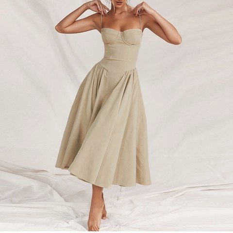 French Vintage Corset Spaghetti Strap Maxi Dress Pleated Swing Long Dress Floral Print Solid Color Women Summer Vacation