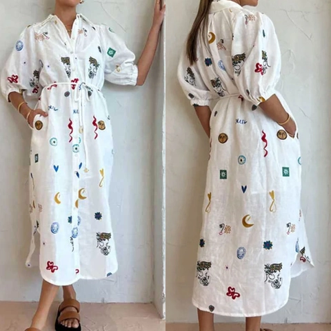 Vestito a Camicia Maxi Donna Stampa Artistica Elegante Rever Mezza Manica Sbuffo Coulisse Vita Retro Cotton Feel Vestito Lungo