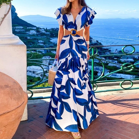 Sexy Damen Maxikleid Mit V-Ausschnitt Und Taillenausschnitt Blaues Blattmuster Rüschenärmel Boho Urlaub Elegantes Sommerkleid