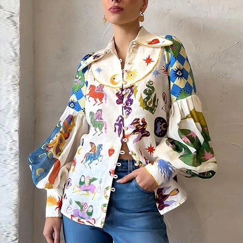 Women's Bohemian Artistic Graffiti Print Shirt Lantern Sleeve Lapel Loose Long Sleeve Polyester Blouse Casual Party Top