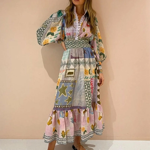 Vintage Bohemian Patchwork Print Lantern Sleeve Maxi Dress High Waist Ruffle Big Swing Casual Vacation Long Dress Women Clothing