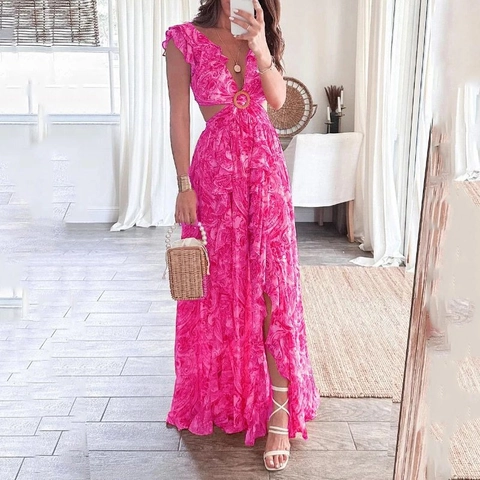 Bohemian Paisley Druck V-Ausschnitt Cut Out Taille Rüschen Ärmellos Hoher Schlitz Elegant Sommer Urlaub Maxi Kleid