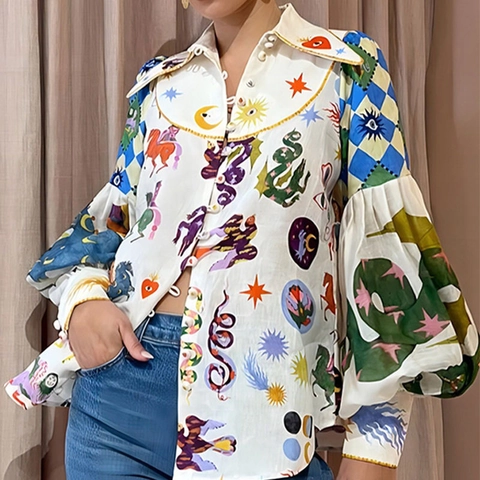 Women's Bohemian Artistic Graffiti Print Shirt Lantern Sleeve Lapel Loose Long Sleeve Polyester Blouse Casual Party Top