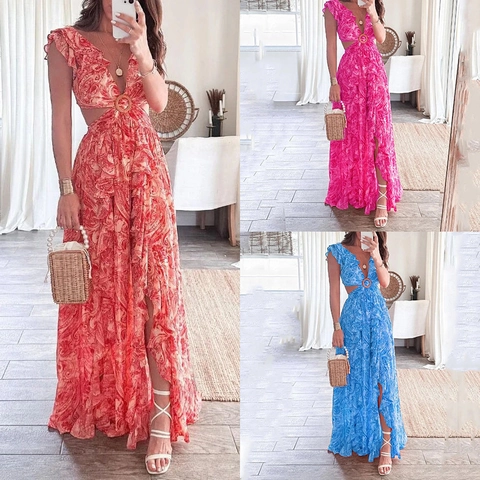 Boho Kleid Damen Mit Tiefem V-Ausschnitt Und Paisley Blumendruck Elegant Cut-Out Schlitz Sommerurlaub Maxi-Kleid Lang