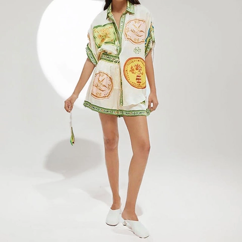 Tenue Femme Imprimé Rétro Chemise à Boutons à Revers Et Short Ample Style Vacances Bohème Garniture Contrastée Vêtements en Satin