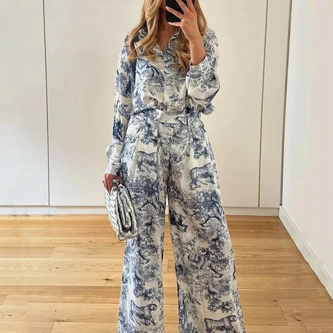 Damen French Vintage Toile De Jouy Druck Langarm Knopfhemd Und Hohe Taille Weite Hose Casual Outfits