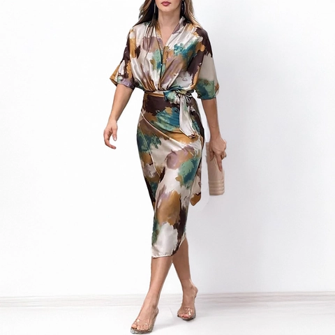 Vestido Midi de Satén con Estampado Abstracto Vintage para Mujer Elegante Escote en V Envolvente con Lazo Media Manga Vestido de Moda