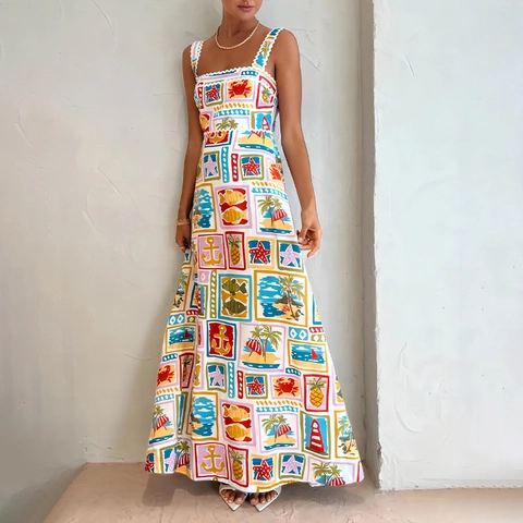 Tropical Ocean Print Cami Maxi Dress Square Neck Ric Rac Trim Spaghetti Strap Sleeveless Resort Vacation Flare Dress