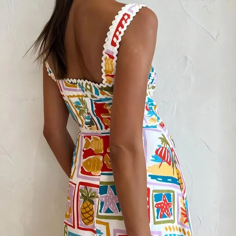 Tropical Ocean Print Cami Maxi Dress Square Neck Ric Rac Trim Spaghetti Strap Sleeveless Resort Vacation Flare Dress