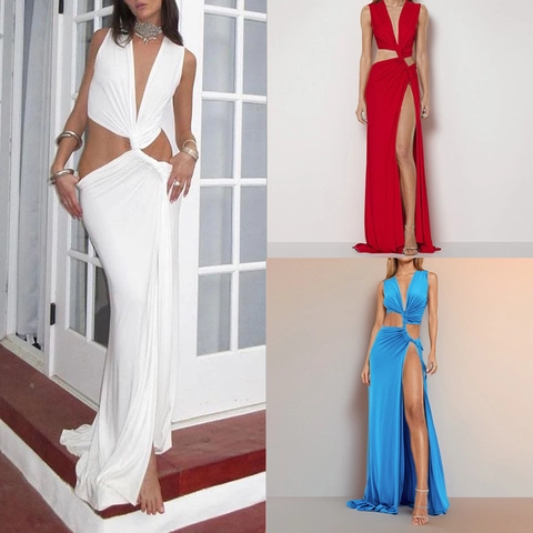 Sexy V-Ausschnitt Maxikleid Elegant Knoten Detail Hoher Schlitz Ärmellos Sommer Party Urlaub Langes Kleid für Damen