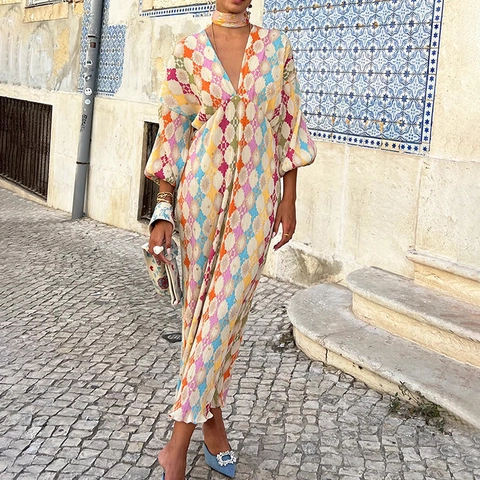 Abito Maxi Bohemien a Fantasia Geometrica Scollo a V Donna Elegante Plissettato Maniche a Lanterna Lungo Vacanza