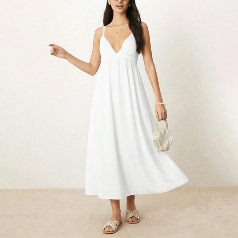 Vestido Largo Sexy Sin Espalda Con Cuello En V Y Tirantes Elegante Color Sólido Cintura Alta Sin Mangas Para Vacaciones