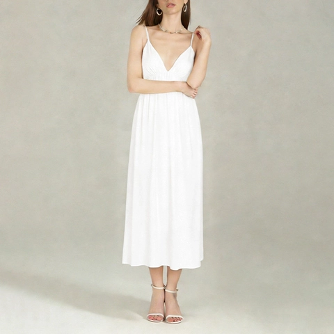 Vestido Largo Sexy Sin Espalda Con Cuello En V Y Tirantes Elegante Color Sólido Cintura Alta Sin Mangas Para Vacaciones