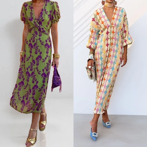 Women's Elegant V-Neck Lantern Sleeve Maxi Dress Bohemian Geometric Floral Print Pleated Long Dress