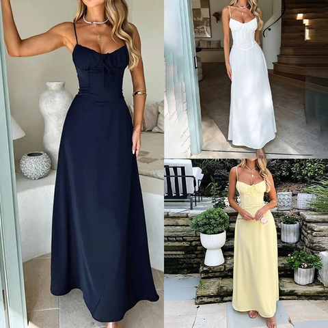 Women Elegant Sexy Solid Color Suspenders Maxi Dress Corset Style Bow Slim Fit Sleeveless High Waist Summer Party Long Dress