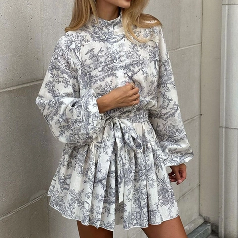 Französisches Retro Toile De Jouy Print Minikleid Damen Stehkragen Laternenärmel Schlanke Passform Elegantes Kurz Kleid