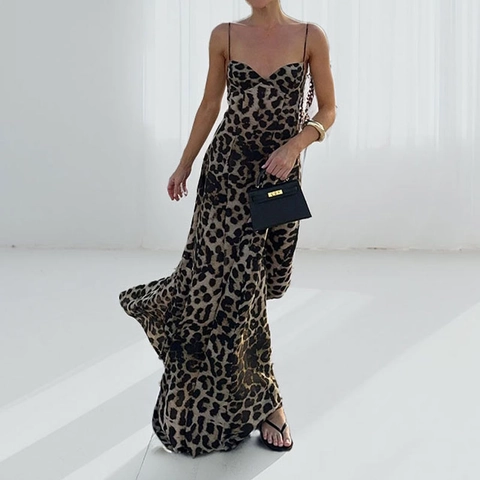 Elegantes Leopardenmuster Spaghetti Träger Maxi Kleid Für Damen Sexy V Ausschnitt Ärmellos Slim Fit Rückenfrei Party Abendkleid