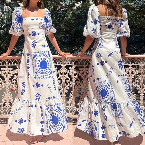 Elegantes Französisches Vintage Kleid Mit Eckigem Ausschnitt Puffärmel Blumenmuster Maxi Kleid Für Damen Sommerurlaub