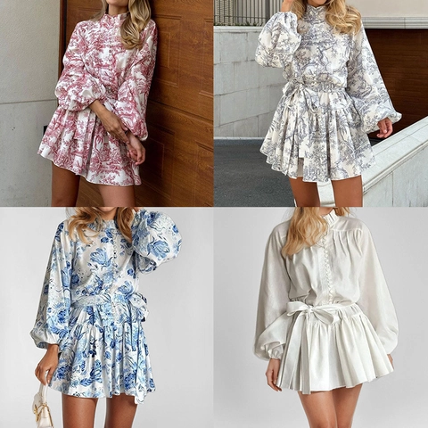 Abito Mini in Stampa Toile De Jouy Vintage Francese per Donna Manica a Lanterna Lunga Collo alla Coreana Vita con Lazo Elegante Abito Corto