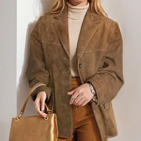 Women Vintage Loose Faux Suede Blazer Jacket Solid Color Leopard Print Single Breasted Pocket Casual Bomber Outerwear Top