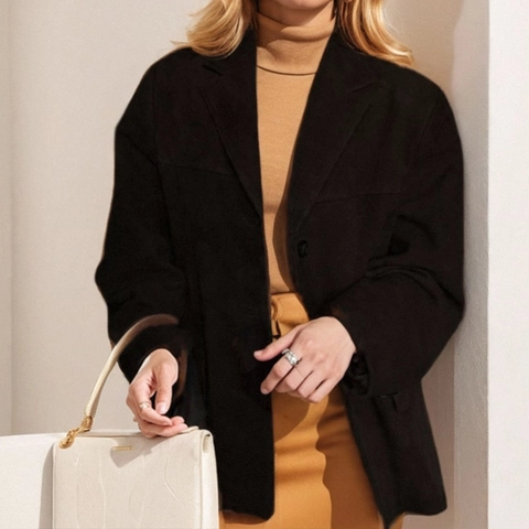 Veste Blazer Femme Rétro Aspect Daim Décontracté Ample Manches Longues Simple Boutonnage Col Tailleur Uni Bureau Costume