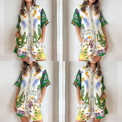 Damen Künstlerisches Handbemaltes Druck Polyester Hemd Und Shorts Set Boheme Krokodil Mond Muster Urlaub Casual Outfits