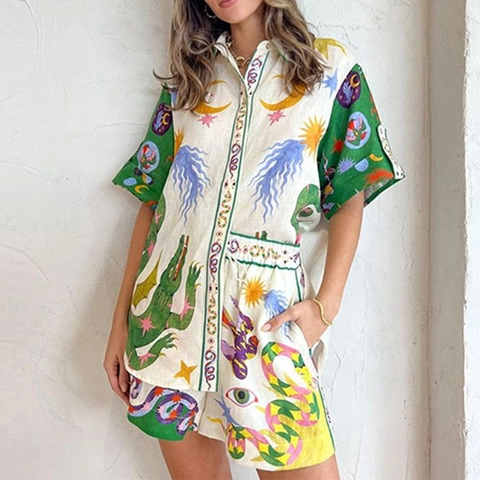Damen Künstlerisches Handbemaltes Druck Polyester Hemd Und Shorts Set Boheme Krokodil Mond Muster Urlaub Casual Outfits