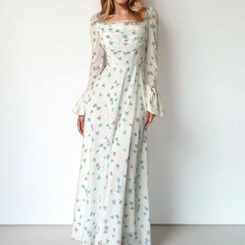 Women Elegant Floral Print Maxi Dress Square Neck Long Flare Sleeve High Waist Slim Fit Chiffon Look Vacation Long Dress