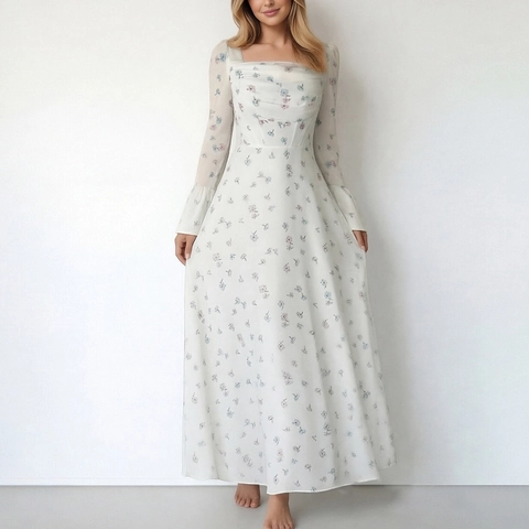 French Vintage Floral Print Maxi Dress Women Square Neck Flare Sleeve High Waist Elegant Chiffon Feel A-Line Vacation Dress