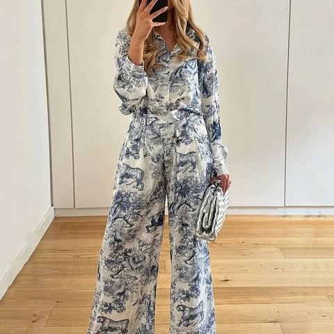 Damen French Vintage Toile De Jouy Druck Langarm Knopfhemd Und Hohe Taille Weite Hose Casual Outfits