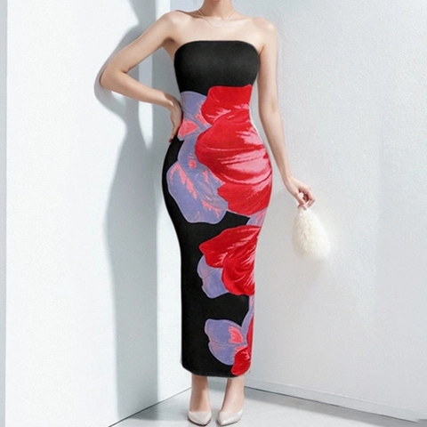 Dames Elegante Strapless Maxi-Jurk Met Bloemenprint Slim Fit Bodycon Tube Lange Jurk Sexy Off Shoulder Zomer Strandjurk