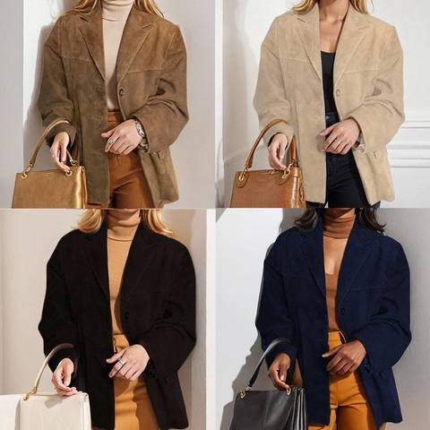 Women Vintage Loose Faux Suede Blazer Jacket Solid Color Leopard Print Single Breasted Pocket Casual Bomber Outerwear Top