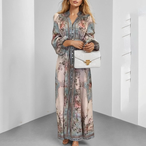 Retro Palace V Neck Long Sleeve Floral Print Maxi Dress Bohemian High Waist Button A Line Large Swing Party Women Dress