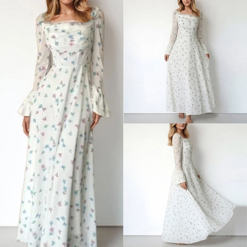 French Vintage Floral Print Maxi Dress Women Square Neck Flare Sleeve High Waist Elegant Chiffon Feel A-Line Vacation Dress