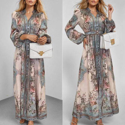 Vestito Maxi da Donna con Stampa Floreale Boema Scollo a V Vintage Francese Elegante Manica Lunga Bottoni Primavera Estate Lungo