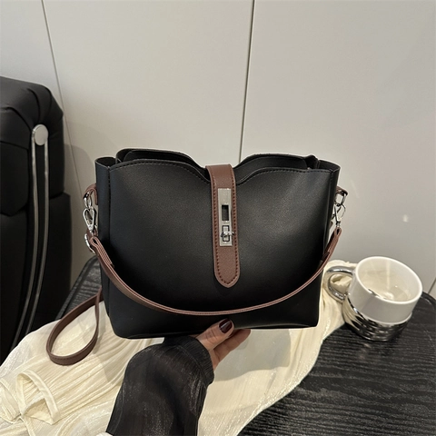 Fashion PU Leather Bucket Bag For Women Contrast Color Crossbody Bag With Metal Lock Wide Shoulder Strap Commuting Handbag